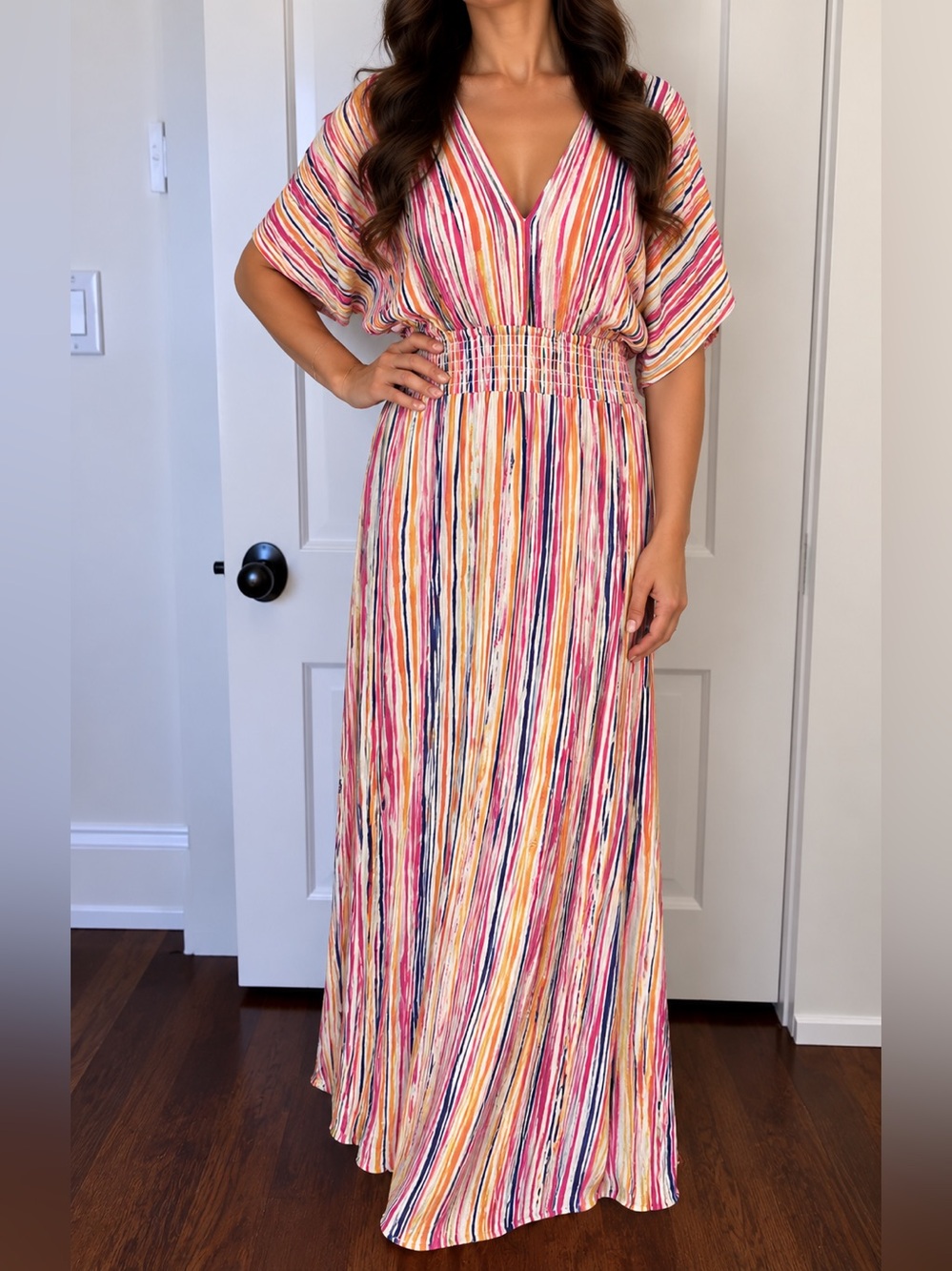 Nina Leonard Multicolor Striped V-Neck Maxi Dress
